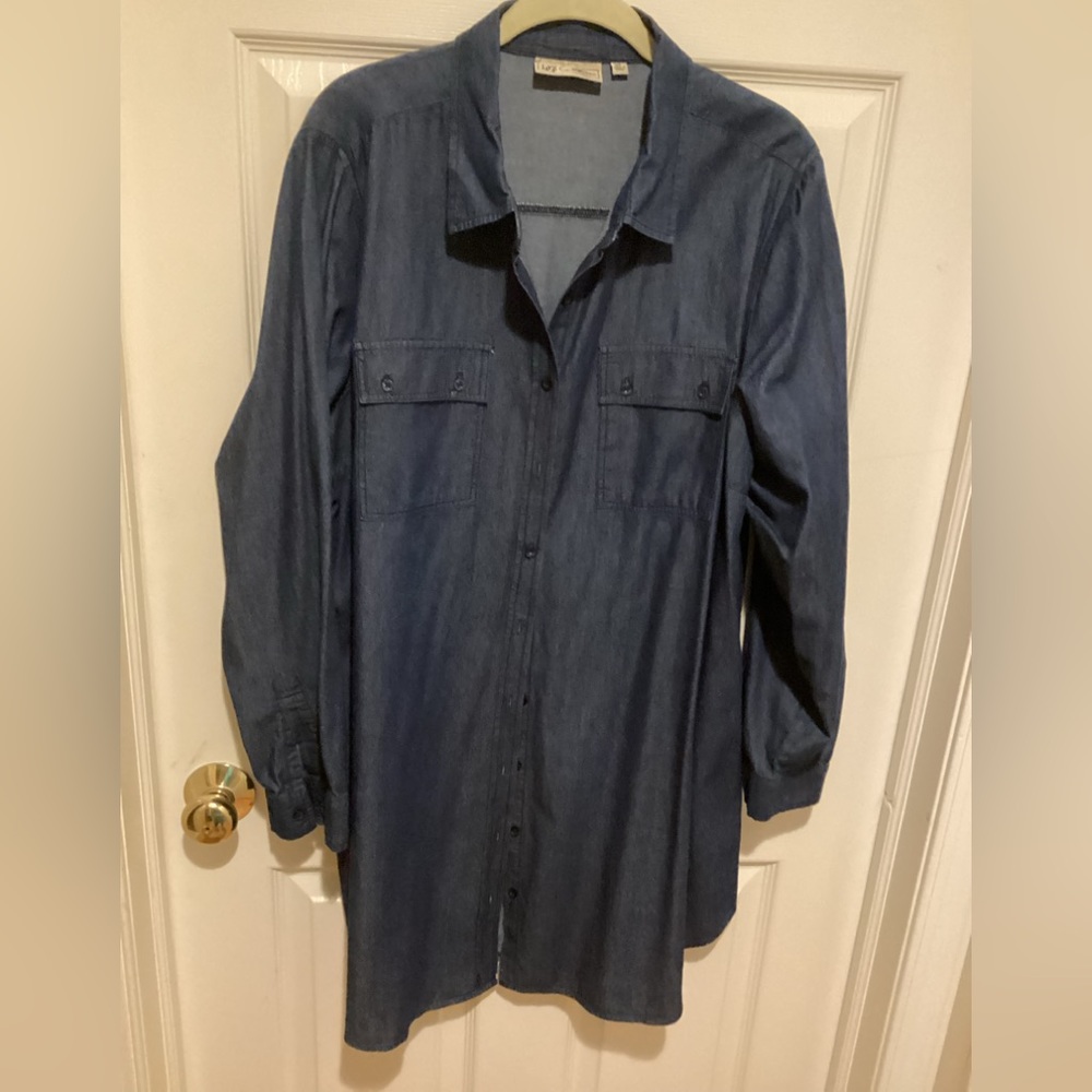 Diane Gilman Denim Tunic Length Button Down Top, size XL